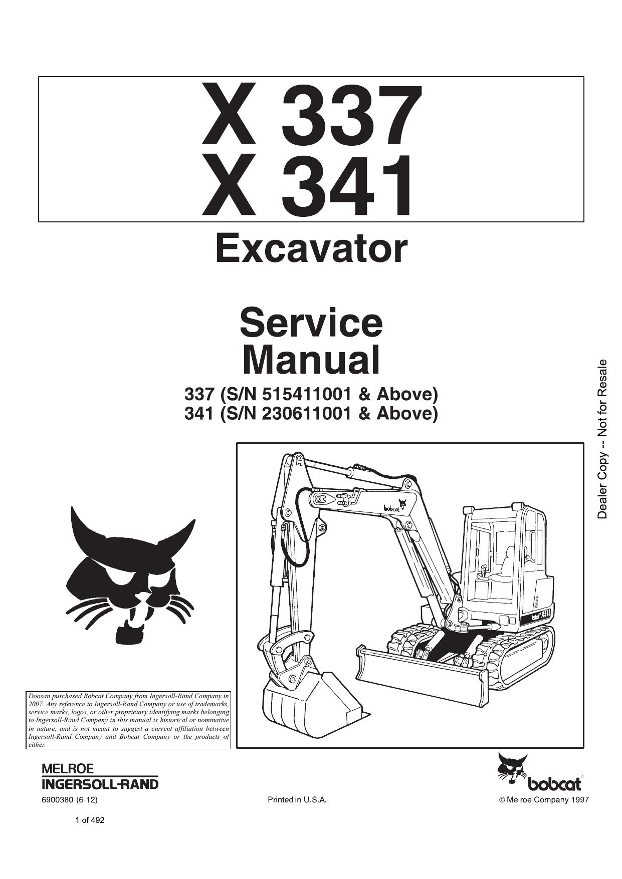 X337 X341 Excavator Service Manual Bobcat